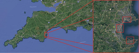 Location of the Torbay case study (left) in the South West of England; Torquay, Paignton and Brixham (right)